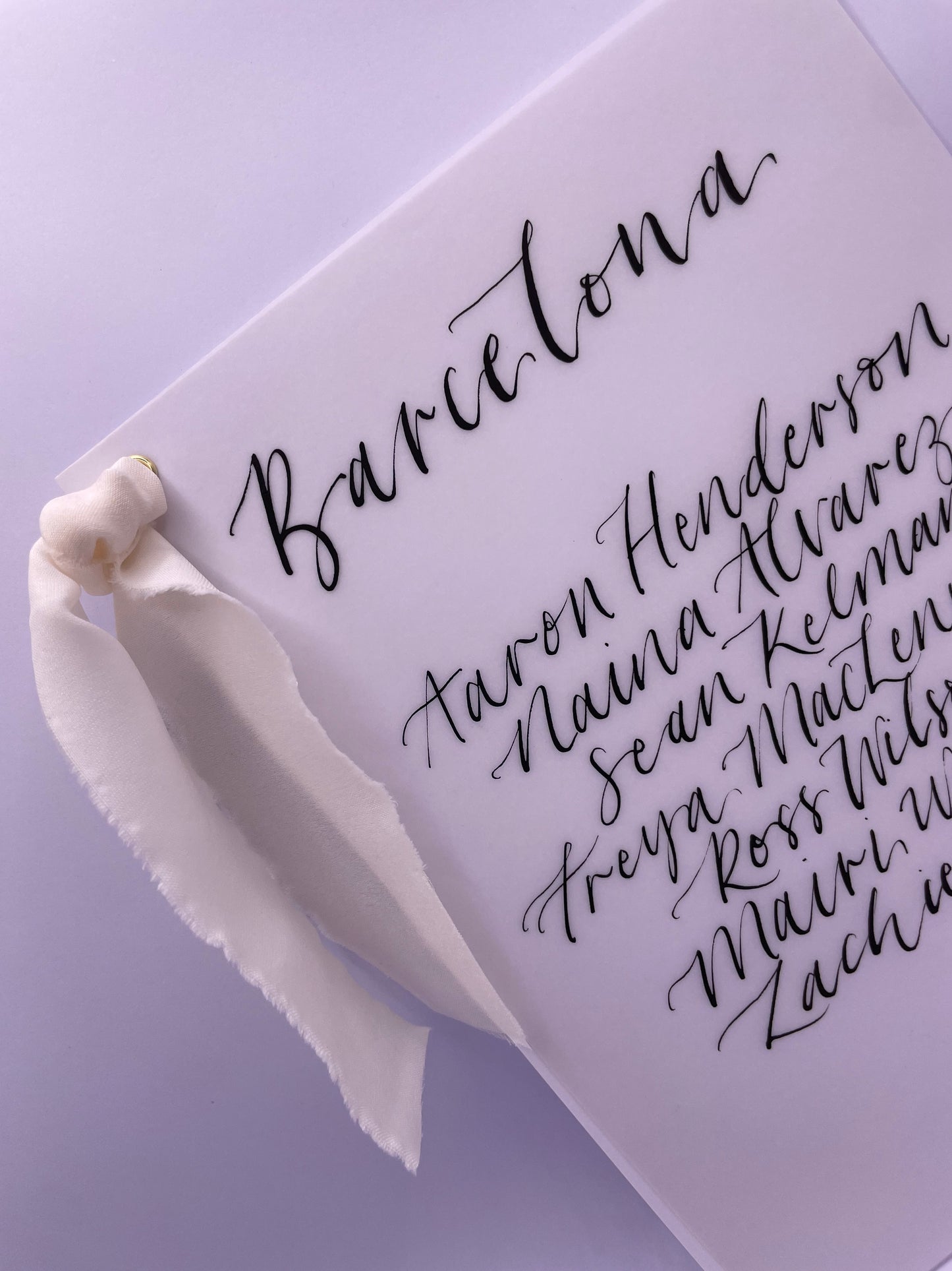 CHAMPAGNE Chiffon Ribbon Vellum Calligraphy Table Plan Card | A5 Calligraphy Wedding Table Plan Card | Gold or Silver Eyelet