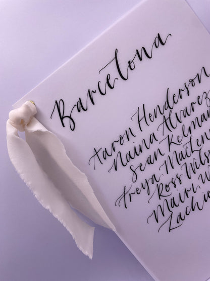CHAMPAGNE Chiffon Ribbon Vellum Calligraphy Table Plan Card | A5 Calligraphy Wedding Table Plan Card | Gold or Silver Eyelet