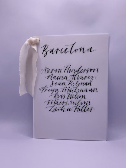CHAMPAGNE Chiffon Ribbon Vellum Calligraphy Table Plan Card | A5 Calligraphy Wedding Table Plan Card | Gold or Silver Eyelet