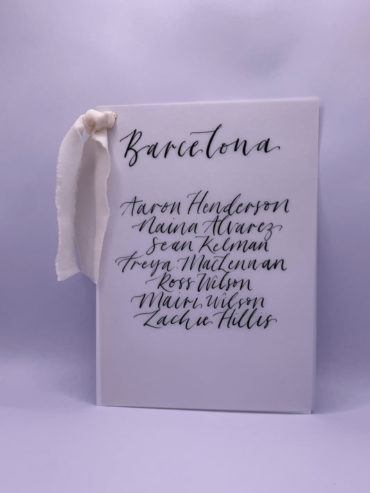 CHAMPAGNE Chiffon Ribbon Vellum Calligraphy Table Plan Card | A5 Calligraphy Wedding Table Plan Card | Gold or Silver Eyelet
