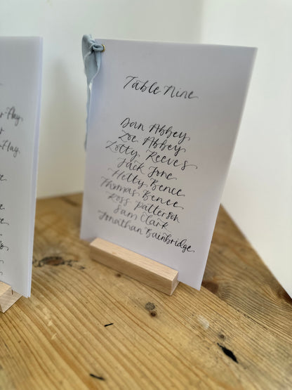 DUSKY BLUE Chiffon Ribbon Vellum Calligraphy Table Plan Card | A5 Calligraphy Wedding Table Plan Card | Gold or Silver Eyelet