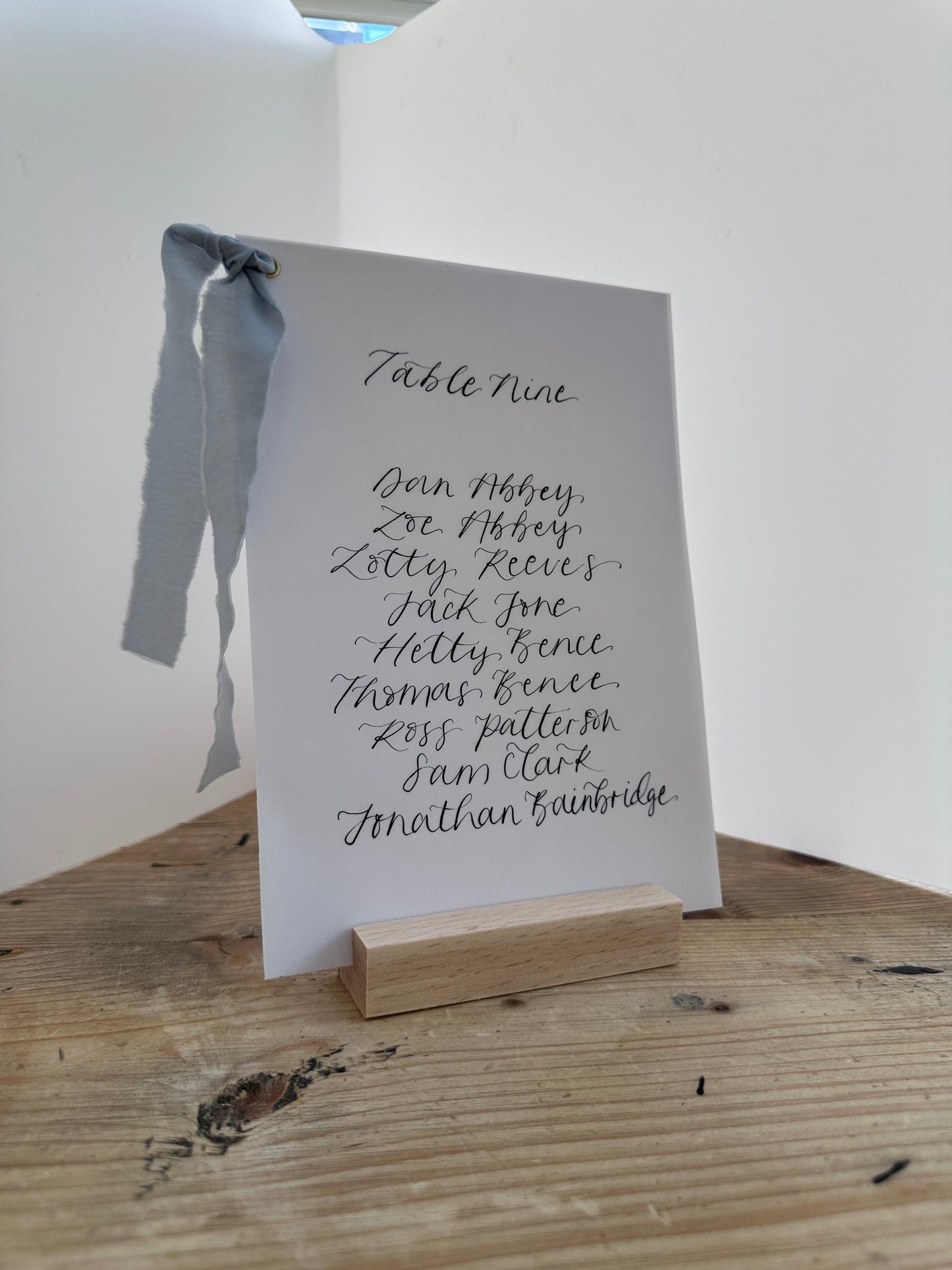 DUSKY BLUE Chiffon Ribbon Vellum Calligraphy Table Plan Card | A5 Calligraphy Wedding Table Plan Card | Gold or Silver Eyelet