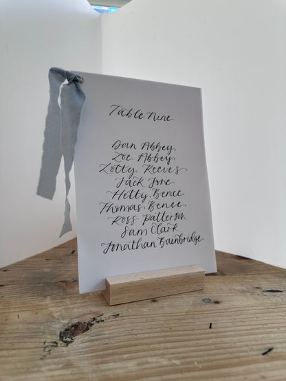 DUSKY BLUE Chiffon Ribbon Vellum Calligraphy Table Plan Card | A5 Calligraphy Wedding Table Plan Card | Gold or Silver Eyelet