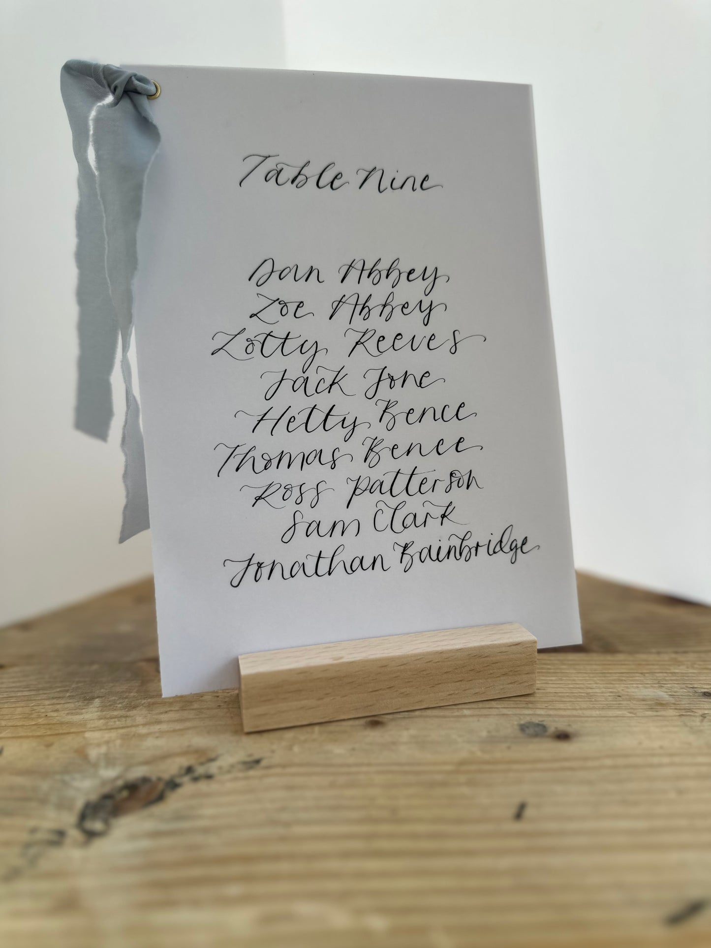DUSKY BLUE Chiffon Ribbon Vellum Calligraphy Table Plan Card | A5 Calligraphy Wedding Table Plan Card | Gold or Silver Eyelet