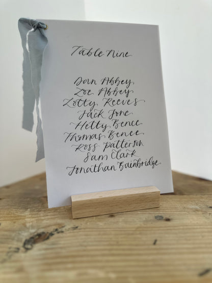 DUSKY BLUE Chiffon Ribbon Vellum Calligraphy Table Plan Card | A5 Calligraphy Wedding Table Plan Card | Gold or Silver Eyelet