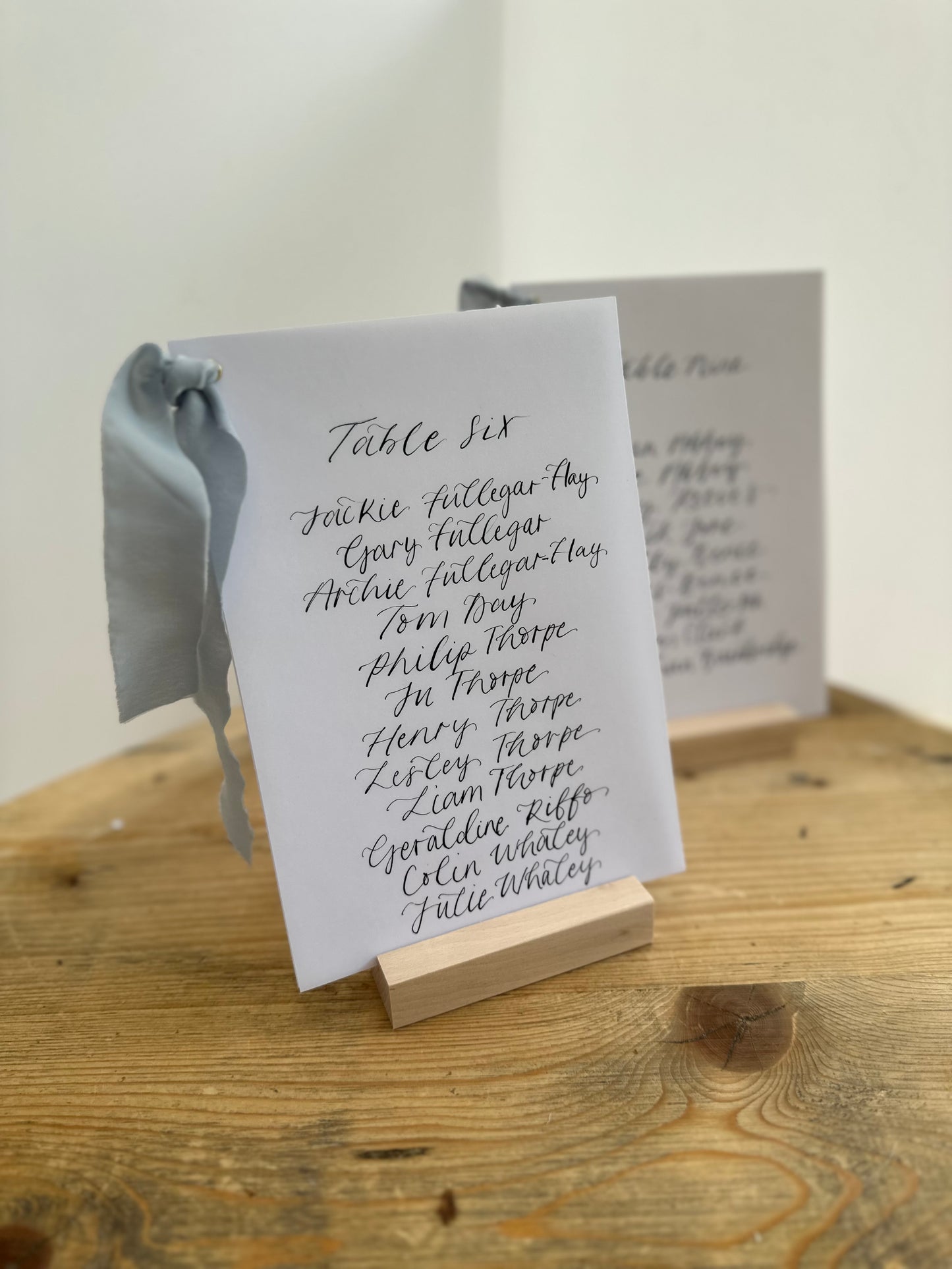 DUSKY BLUE Chiffon Ribbon Vellum Calligraphy Table Plan Card | A5 Calligraphy Wedding Table Plan Card | Gold or Silver Eyelet