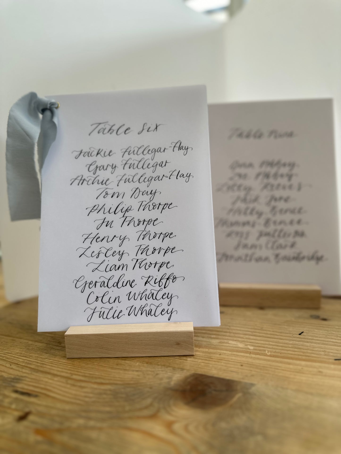DUSKY BLUE Chiffon Ribbon Vellum Calligraphy Table Plan Card | A5 Calligraphy Wedding Table Plan Card | Gold or Silver Eyelet
