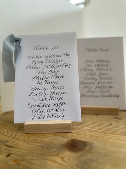 DUSKY BLUE Chiffon Ribbon Vellum Calligraphy Table Plan Card | A5 Calligraphy Wedding Table Plan Card | Gold or Silver Eyelet