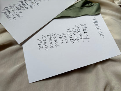 Ribbon Calligraphy Wedding A5 Table Plan Card | White Card Hand Written Calligraphy Table Plan Card | Mirror Table Plan Cards | DIY Table Plan Card