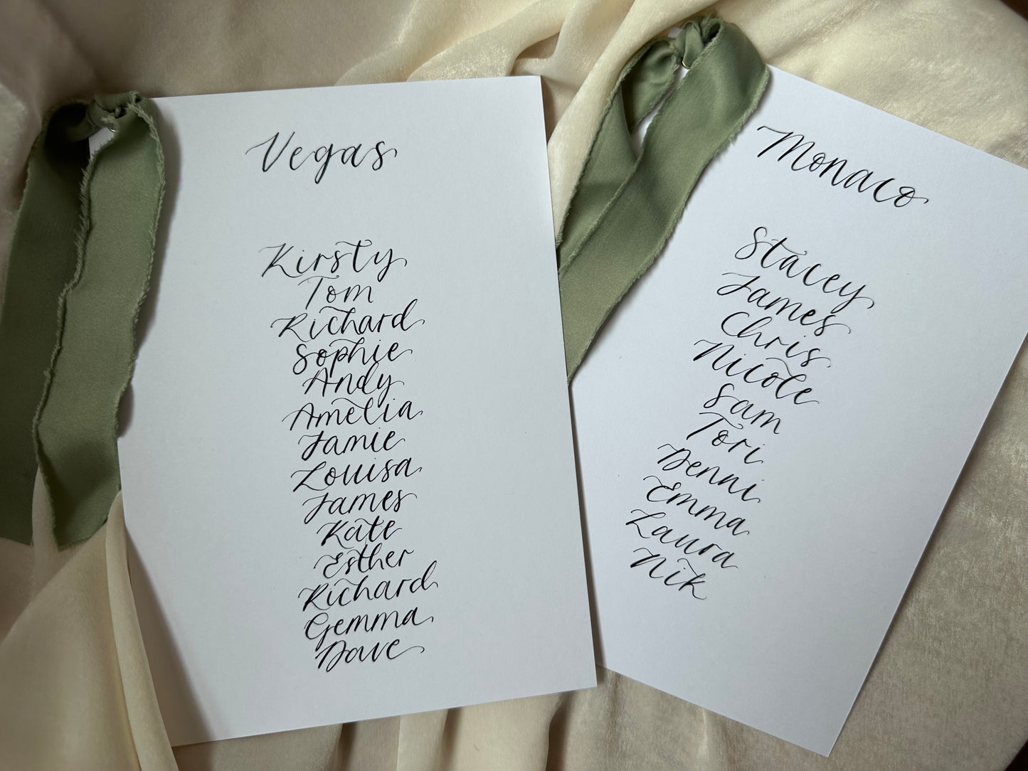 Ribbon Calligraphy Wedding A5 Table Plan Card | White Card Hand Written Calligraphy Table Plan Card | Mirror Table Plan Cards | DIY Table Plan Card