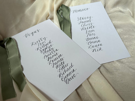 EUCALYPTUS Chiffon Ribbon Calligraphy Wedding A5 Table Plan Card | White Card Hand Written Calligraphy Table Plan Card | Mirror Table Plan Cards | DIY Table Plan Card