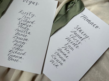 Ribbon Calligraphy Wedding A5 Table Plan Card | White Card Hand Written Calligraphy Table Plan Card | Mirror Table Plan Cards | DIY Table Plan Card
