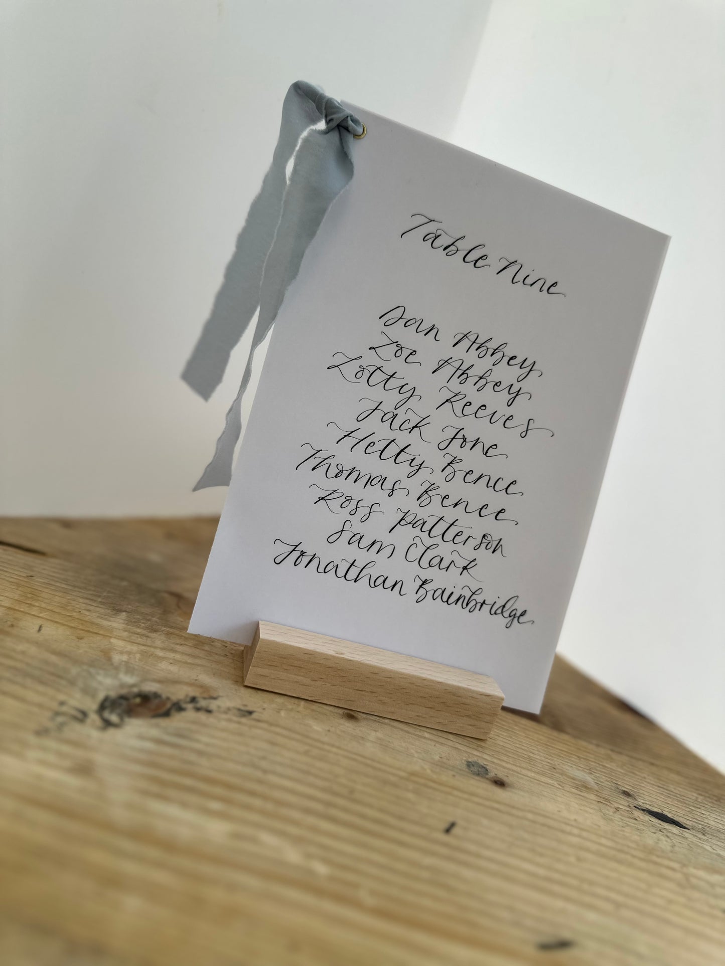 DUSKY BLUE Chiffon Ribbon Vellum Calligraphy Table Plan Card | A5 Calligraphy Wedding Table Plan Card | Gold or Silver Eyelet