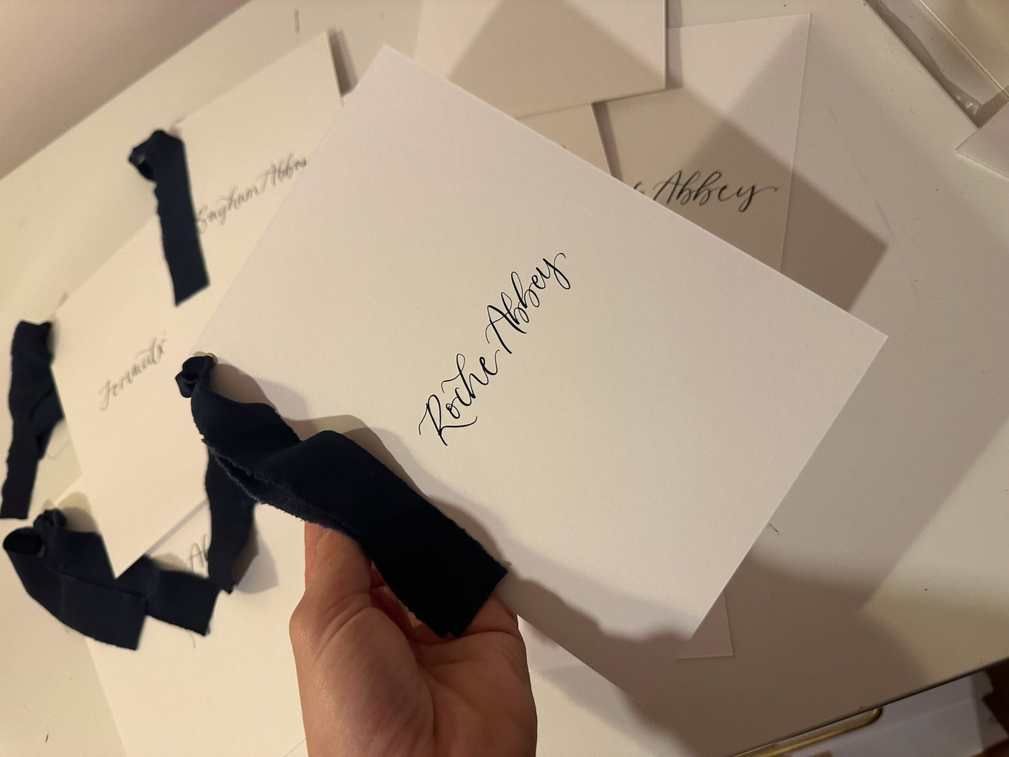 White Custom Ribbon Calligraphy Table Name & Number  | Personalised Wedding A5 A6 Sign
