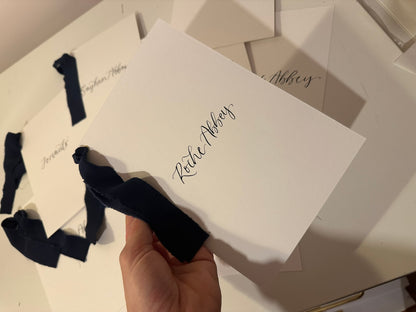 White Custom Ribbon Calligraphy Table Name & Number  | Personalised Wedding A5 A6 Sign