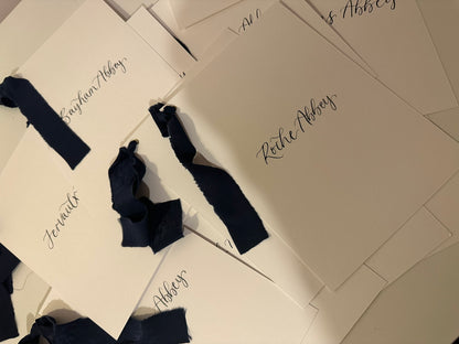 White Custom Ribbon Calligraphy Table Name & Number  | Personalised Wedding A5 A6 Sign