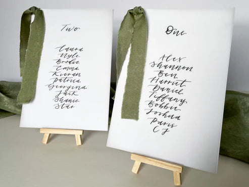 EUCALYPTUS Chiffon Ribbon Vellum Calligraphy Table Plan Card | A5 Calligraphy Wedding Table Plan Card | Gold or Silver Eyelet