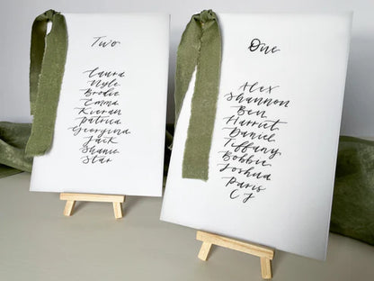 EUCALYPTUS Chiffon Ribbon Vellum Calligraphy Table Plan Card | A5 Calligraphy Wedding Table Plan Card | Gold or Silver Eyelet