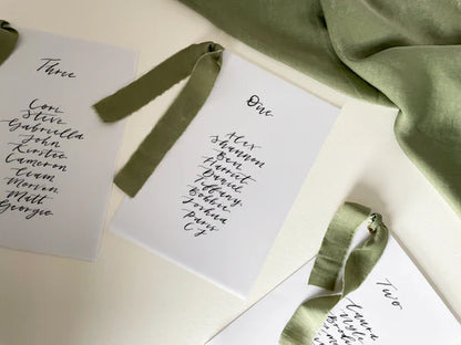 EUCALYPTUS Chiffon Ribbon Vellum Calligraphy Table Plan Card | A5 Calligraphy Wedding Table Plan Card | Gold or Silver Eyelet