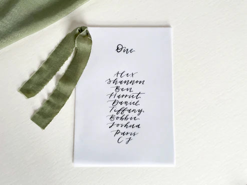 EUCALYPTUS Chiffon Ribbon Vellum Calligraphy Table Plan Card | A5 Calligraphy Wedding Table Plan Card | Gold or Silver Eyelet