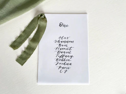 EUCALYPTUS Chiffon Ribbon Vellum Calligraphy Table Plan Card | A5 Calligraphy Wedding Table Plan Card | Gold or Silver Eyelet