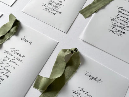 EUCALYPTUS Chiffon Ribbon Vellum Calligraphy Table Plan Card | A5 Calligraphy Wedding Table Plan Card | Gold or Silver Eyelet