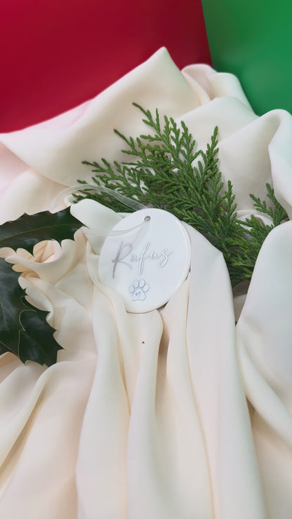 Personalised Pet Name Paw Christmas Ornament: Ceramic, Star or Frosted Glass Bauble [Cat Dog Horse Christmas Keepsake Star Heart Tree Decoration]