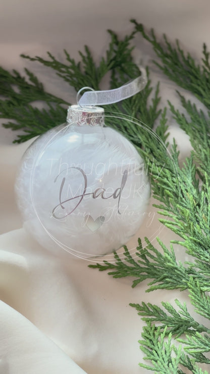 christmas memorial bauble, feather filled glass bauble, personalised remembrance ornament, parent loss ornament, grandparent loss ornament, child loss memorial, sympathy christmas gift, luxury glass bauble, memorial tree ornament, personalised keepsake, grief gift ornament, remembrance christmas decoration, feather memorial ornament, bereavement gift, christmas memory ornament, handmade christmas bauble, personalised sympathy gift, memorial hanging decoration, lost loved one ornament, festive remembrance gi