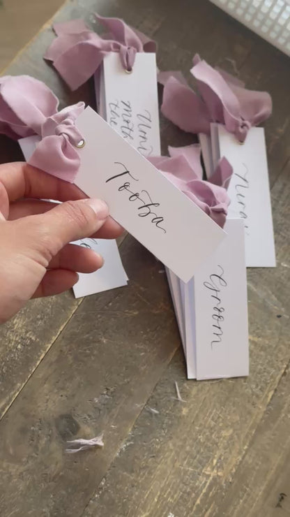 LILAC Chiffon Ribbon Calligraphy Place Name Card | White Calligraphy Wedding Place Name Card | Gold or Silver Eyelet