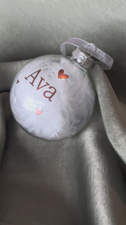 Personalised Name Heart Christmas Ornament: White Feather Glass Bauble [New Baby First Christmas Keepsake Star Heart Tree Decoration]