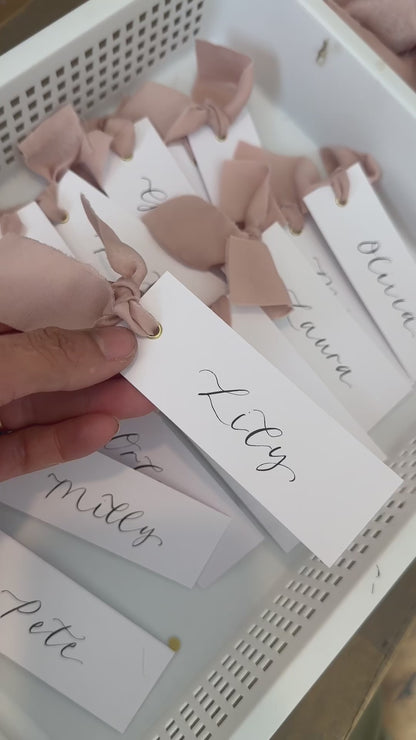 BLUSH Chiffon Ribbon Calligraphy Place Name Card | White Calligraphy Wedding Place Name Card | Gold or Silver Eyelet