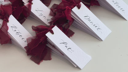 HAMMERED White + Wine Burgundy Organza Ribbon Calligraphy Place Name Card | Calligraphy Wedding Place Name Card | Gold or Silver Eyelet Place Card