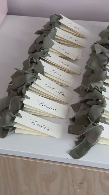 IVORY + EUCALYPTUS Green Chiffon Ribbon Calligraphy Place Name Card | Calligraphy Wedding Place Name Card | Gold or Silver Eyelet
