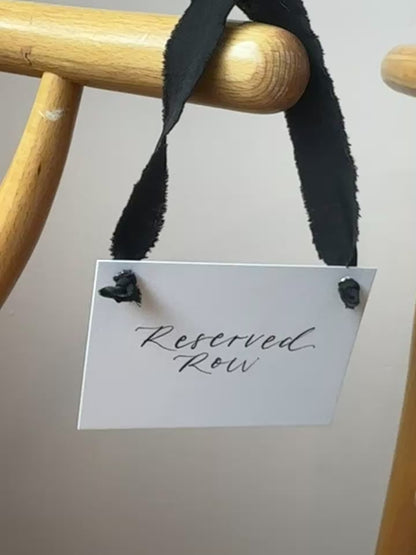 BLACK Chiffon Ribbon Calligraphy Wedding Reserved Chair Sign | A7 Calligraphy Wedding Reserved Sign Card | Gold or Silver Eyelet