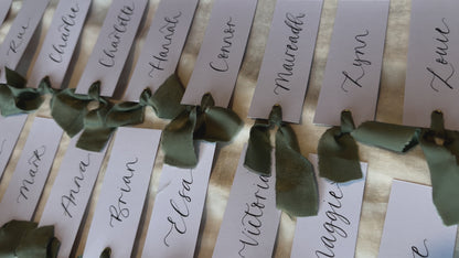 EUCALYPTUS Chiffon Ribbon Calligraphy Place Name Card | White Calligraphy Wedding Place Name Card | Gold or Silver Eyelet