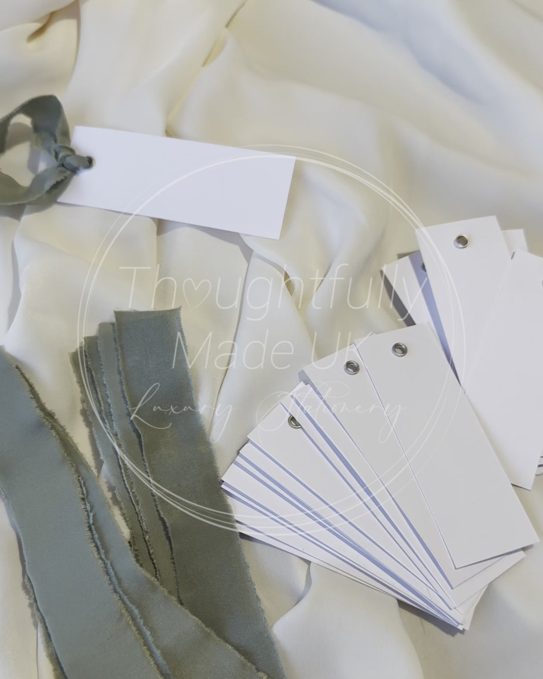 White DIY blank place card with multiple ribbon colours; ochre nude, champagne, blush, lilac, dusky blue, eucalyptus, navy, black, forest, sage, gold, wine. Write your own place card, dinner, wedding, baby shower place setting.
