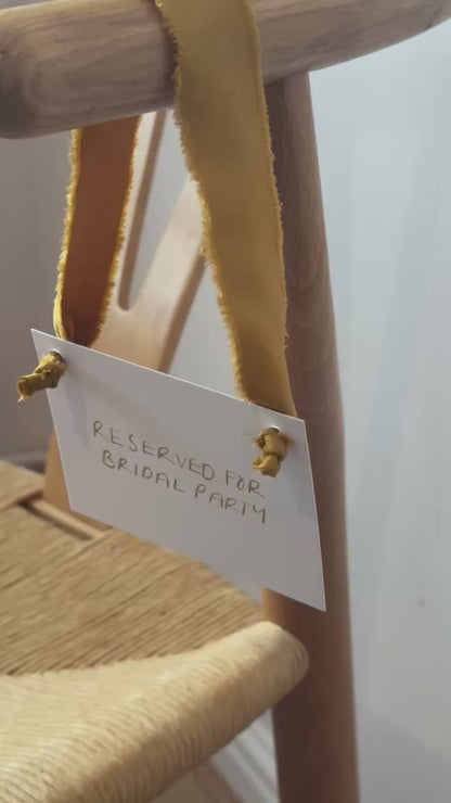 GOLD Chiffon Ribbon Minimal Wedding Reserved Chair Sign | A7 Handwritten Wedding Reserved Sign Card | Gold or Silver Eyelet