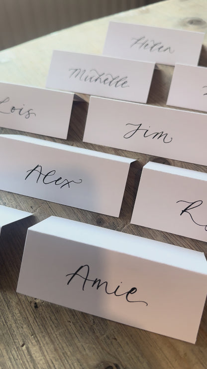 WHITE Calligraphy Tented Place Name Card | Calligraphy Wedding Place Name Card | Folded Place Card