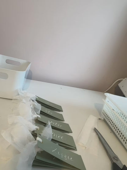 EUCALYPTUS + WHITE Organza Ribbon Calligraphy Place Name Card | Calligraphy Wedding Place Name Card | Gold or Silver Eyelet