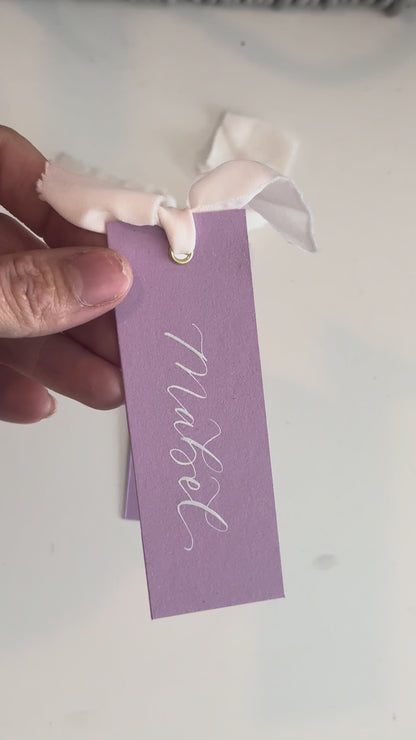 Lavender Lilac Champagne Chiffon Wedding Place Cards with Ribbon | Calligraphy Place Cards