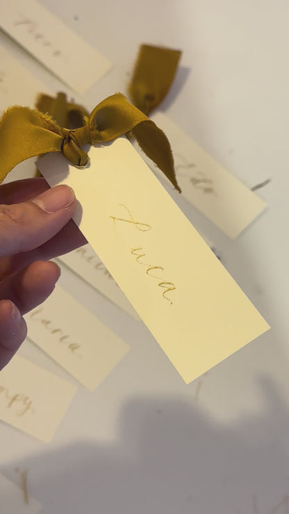 Ivory Gold Satin Wedding Place Cards with Ribbon | Calligraphy Place Cards