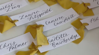 HAMMERED White + LEMON Yellow Chiffon Ribbon Calligraphy Place Name Card | Calligraphy Wedding Place Name Card | Gold or Silver Eyelet Place Card