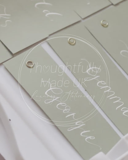 EUCALYPTUS Calligraphy Place Name Card | Matte Coloured Card with Hand Written Calligraphy optional gold or silver eyelet