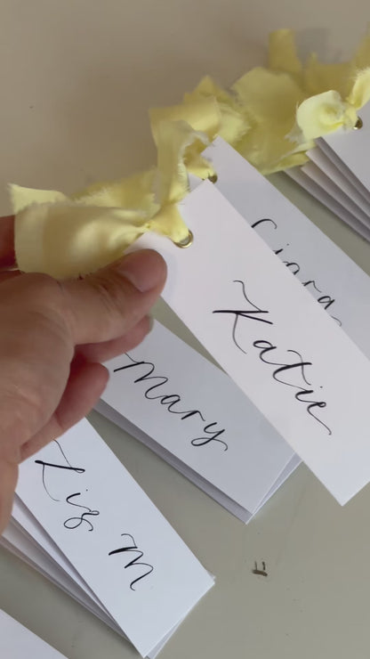 BUTTER Ribbon Calligraphy Place Name Card | White Calligraphy Wedding Place Name Card | Gold or Silver Eyelet