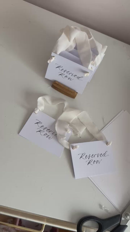 CHAMPAGNE Chiffon Ribbon Calligraphy Wedding Reserved Chair Sign | A7 Calligraphy Wedding Reserved Sign Card | Gold or Silver Eyelet