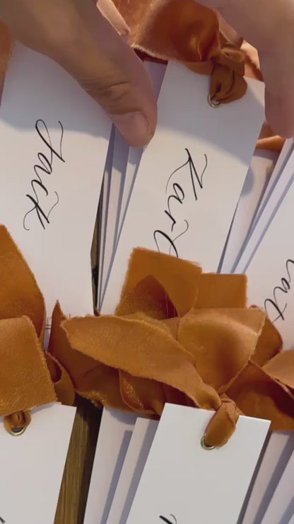 OCHRE Chiffon Ribbon Calligraphy Place Name Card | White Calligraphy Wedding Place Name Card | Gold or Silver Eyelet
