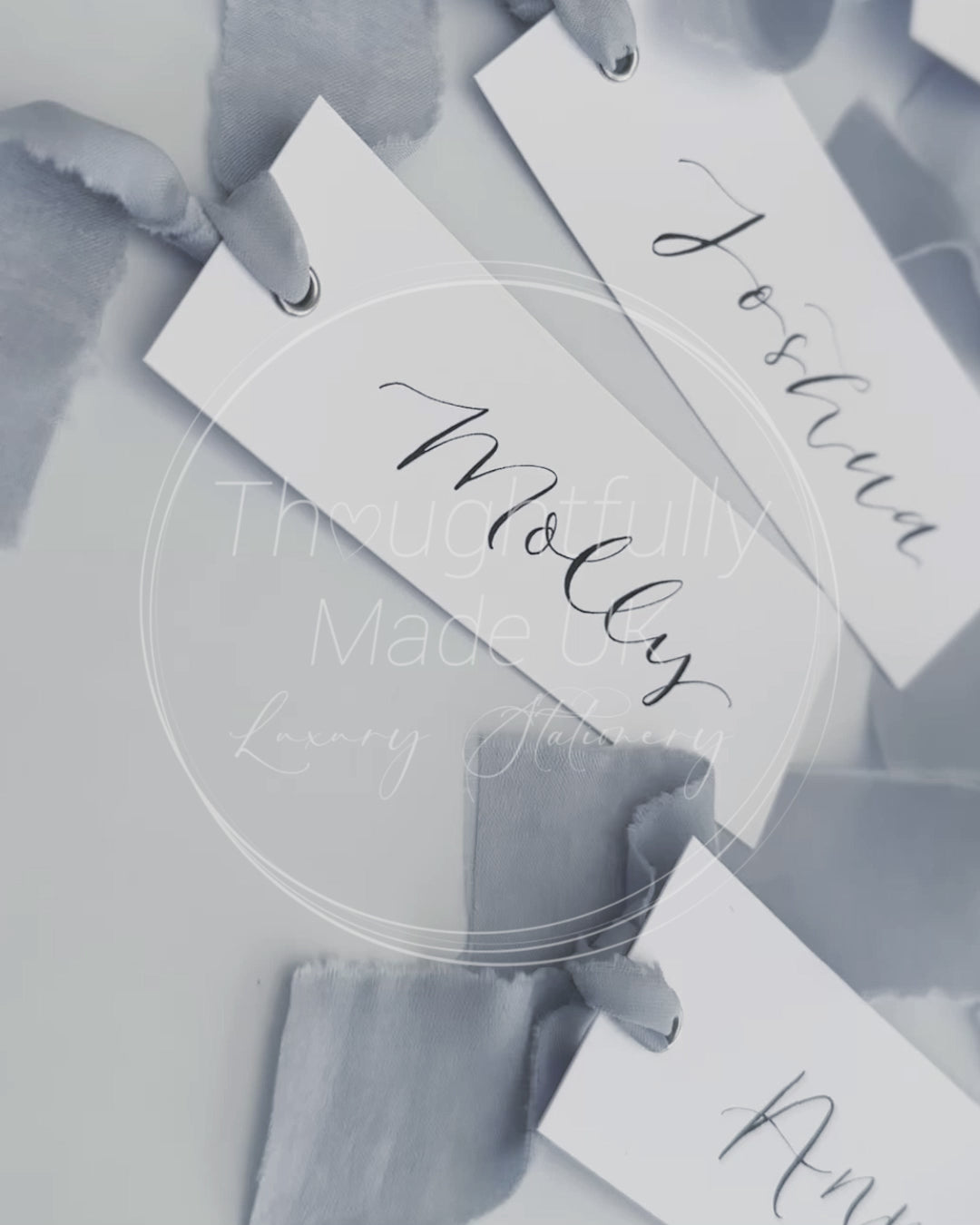 Dusky Blue Wedding place cards, Table name cards, Wedding name cards, calligraphy place cards, ribbon place cards