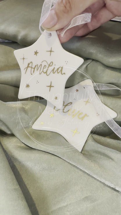 Handwritten Calligraphy Name Christmas Ornament: Ceramic, Star or Frosted Glass Bauble [Son Daughter Christmas Keepsake Star Heart Tree Decoration]