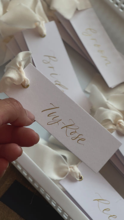CHAMPAGNE Chiffon Ribbon GOLD Calligraphy Place Name Card | White Calligraphy Wedding Place Name Card | Gold Eyelet