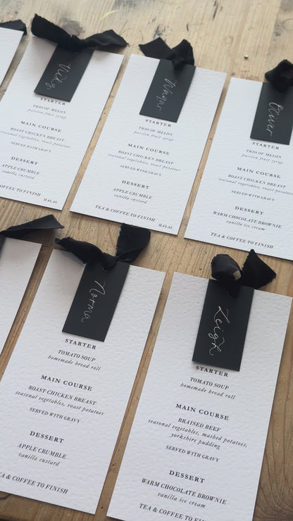 Place Card Wedding Menu with Ribbon | Skinny Printed Calligraphy Menu: Mini Place Card
